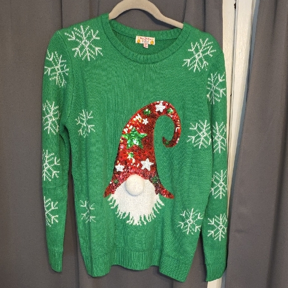 Poof! Sweaters - Merry Christmas By Poof! Women's Green Gnome Sweater Sequins Pom Christmas Sz L‎